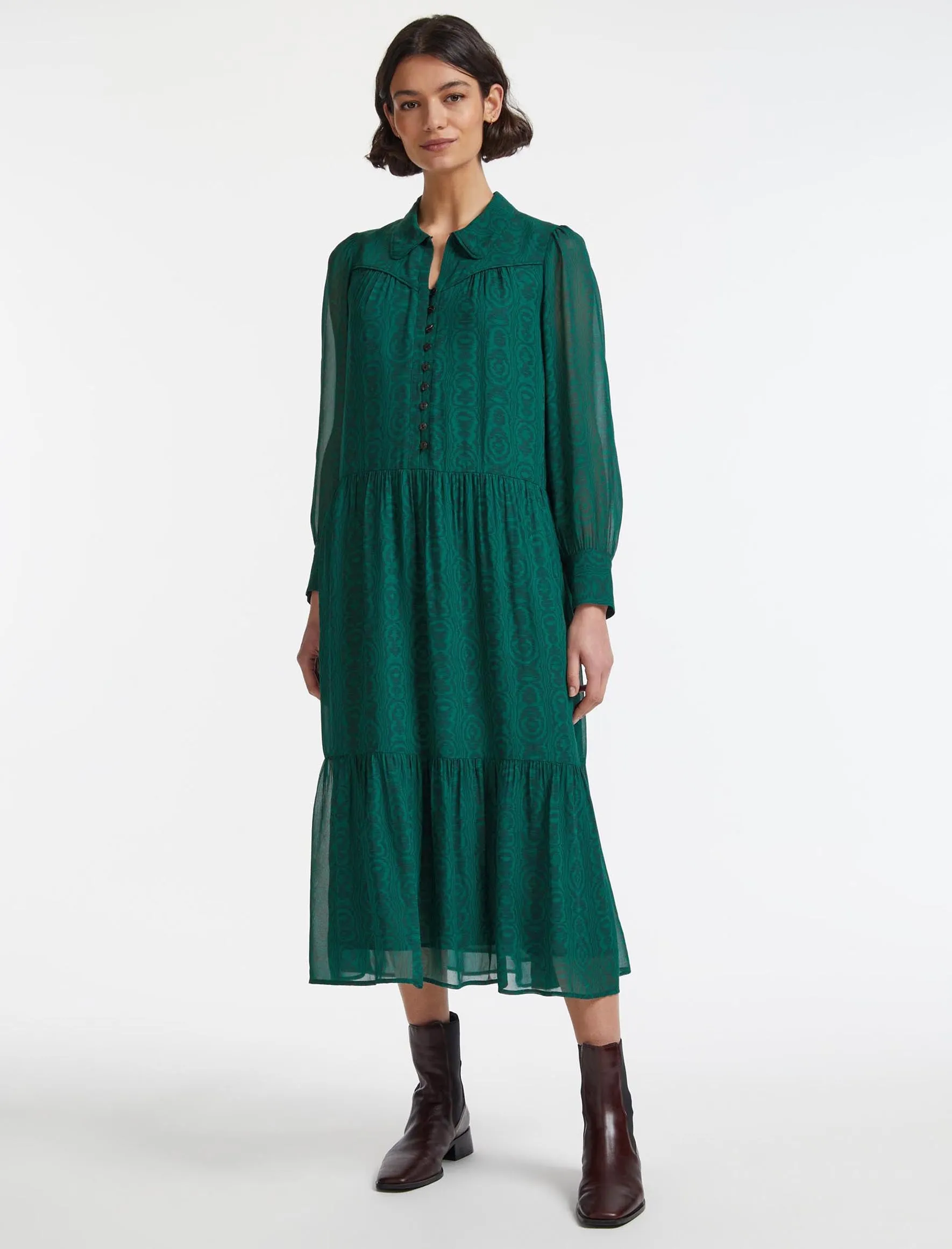 Emerson Midi Shirt Dress - Green Moire Print