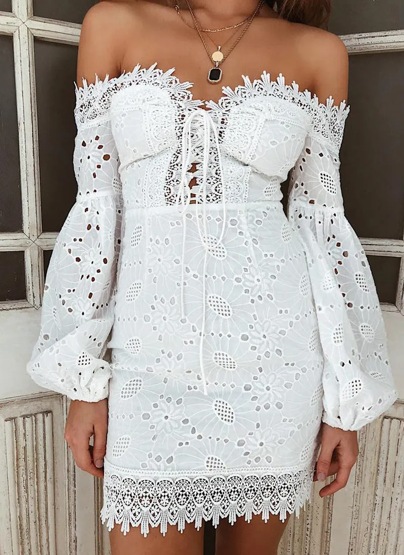 Eyelet Cotton Front Lace Up Off The Shoulder Bodycon Dress