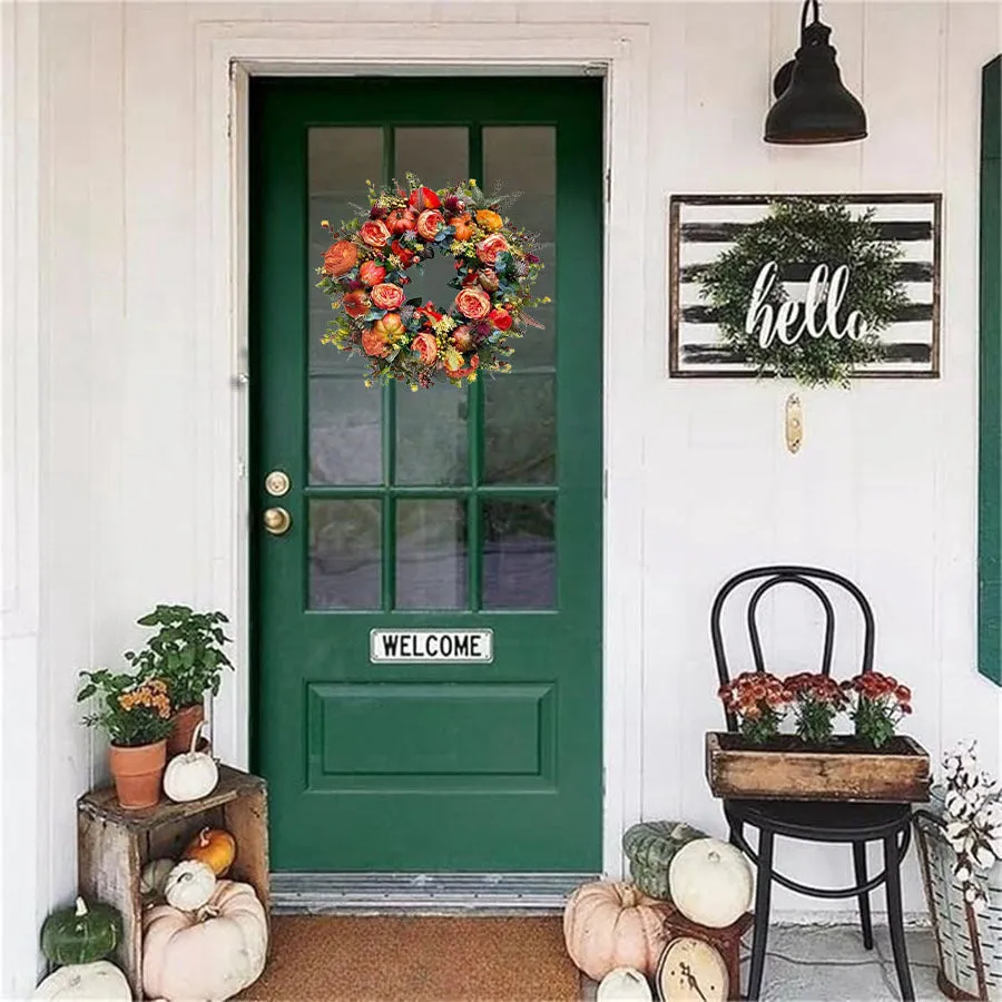 Fall Harvest Peony Wreath with Pumpkins - Artificial Flowers Front Door Decoration, Plastic Maple Leaves, Berries & Pine Cones - Durable Farmhouse Decor for Halloween & Seasonal Celebrations