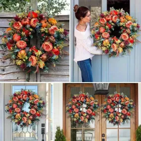 Fall Harvest Peony Wreath with Pumpkins - Artificial Flowers Front Door Decoration, Plastic Maple Leaves, Berries & Pine Cones - Durable Farmhouse Decor for Halloween & Seasonal Celebrations