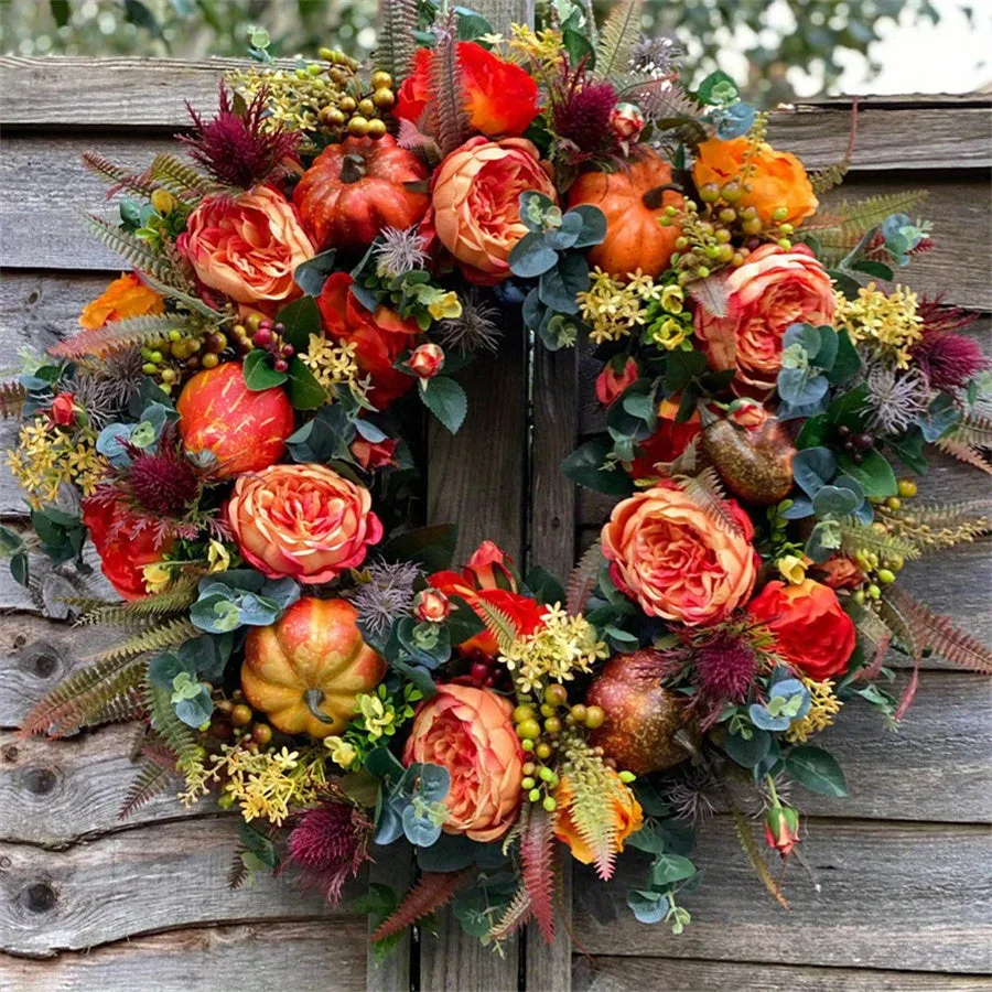 Fall Harvest Peony Wreath with Pumpkins - Artificial Flowers Front Door Decoration, Plastic Maple Leaves, Berries & Pine Cones - Durable Farmhouse Decor for Halloween & Seasonal Celebrations