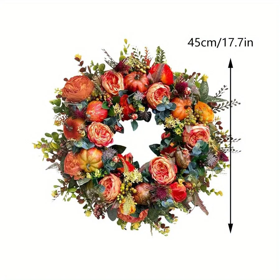 Fall Harvest Peony Wreath with Pumpkins - Artificial Flowers Front Door Decoration, Plastic Maple Leaves, Berries & Pine Cones - Durable Farmhouse Decor for Halloween & Seasonal Celebrations