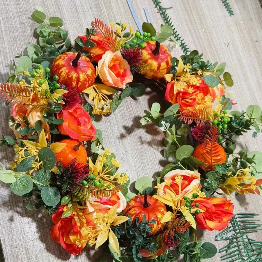 Fall Harvest Peony Wreath with Pumpkins - Artificial Flowers Front Door Decoration, Plastic Maple Leaves, Berries & Pine Cones - Durable Farmhouse Decor for Halloween & Seasonal Celebrations