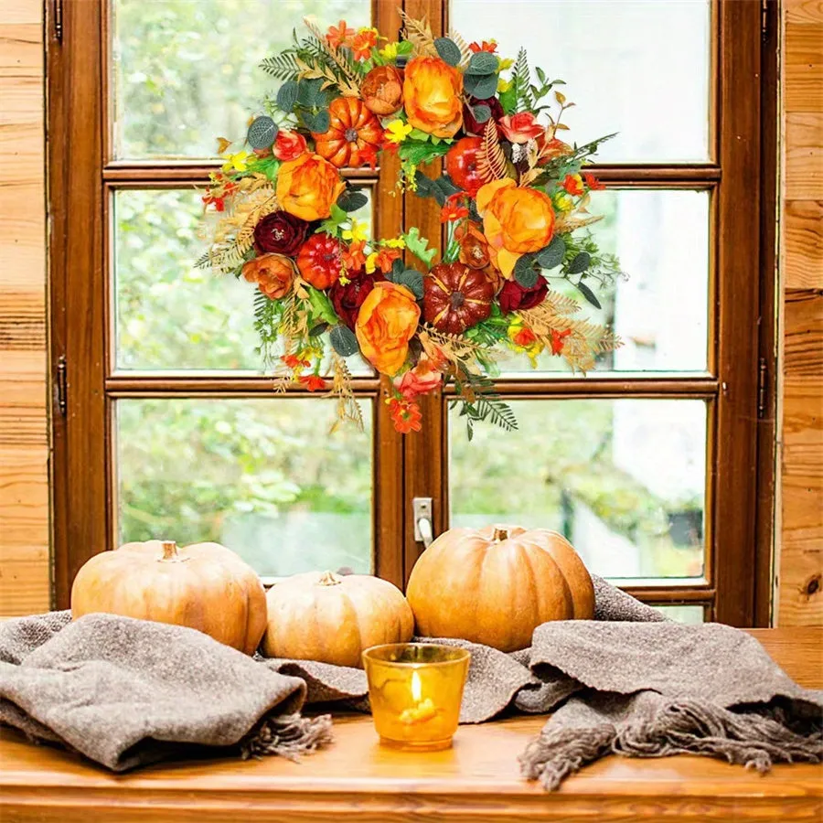 Fall Harvest Peony Wreath with Pumpkins - Artificial Flowers Front Door Decoration, Plastic Maple Leaves, Berries & Pine Cones - Durable Farmhouse Decor for Halloween & Seasonal Celebrations