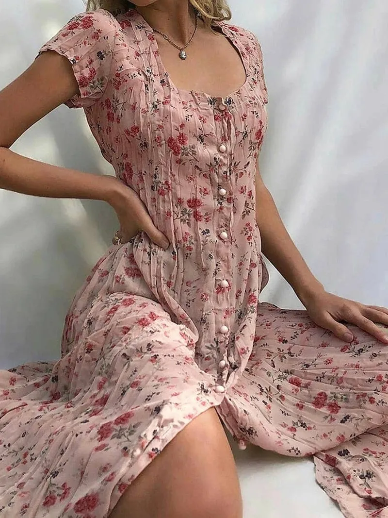 Fashionkova   Single Breasted Floral Long Dress For Women 2022 Summer Vintage Holiday Boho Beach Party Dresses Casual Female Elegant Vestidos