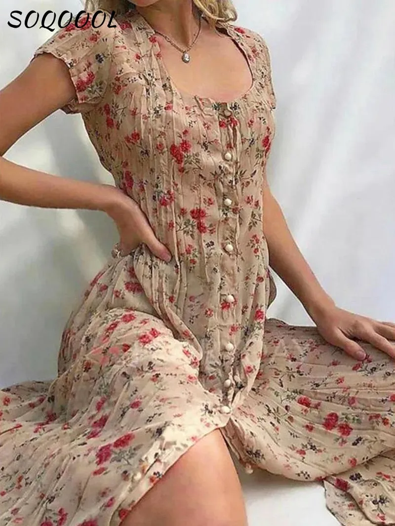 Fashionkova   Single Breasted Floral Long Dress For Women 2022 Summer Vintage Holiday Boho Beach Party Dresses Casual Female Elegant Vestidos