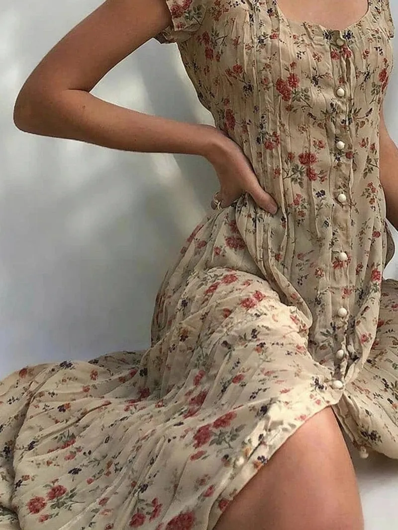 Fashionkova   Single Breasted Floral Long Dress For Women 2022 Summer Vintage Holiday Boho Beach Party Dresses Casual Female Elegant Vestidos