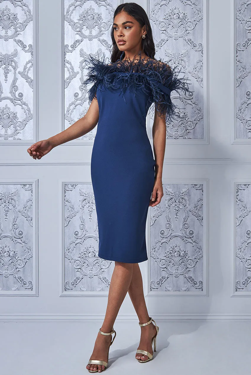 Feather finesse bardot bodycon midi dress - navy