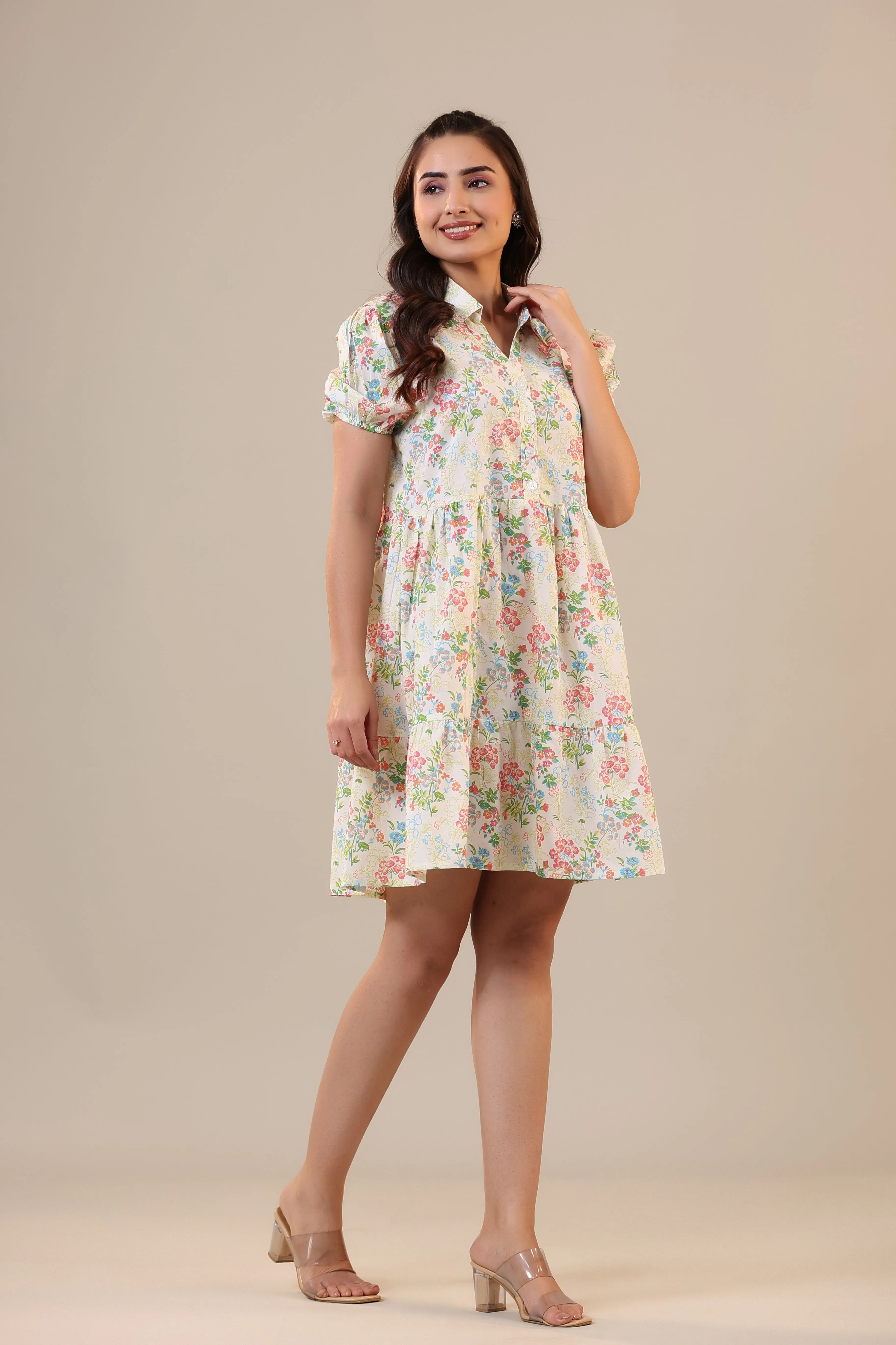 Floral Canopies on Off white Collared T-shirt dress