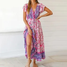 Floral Printed Ruffled Sleeve V-Neck High Waist Bodycon Boho Dress