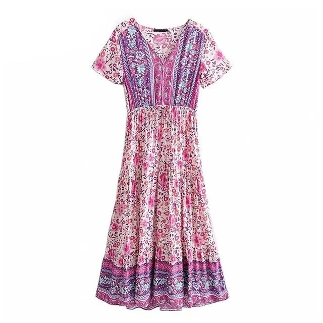 Floral Printed Ruffled Sleeve V-Neck High Waist Bodycon Boho Dress