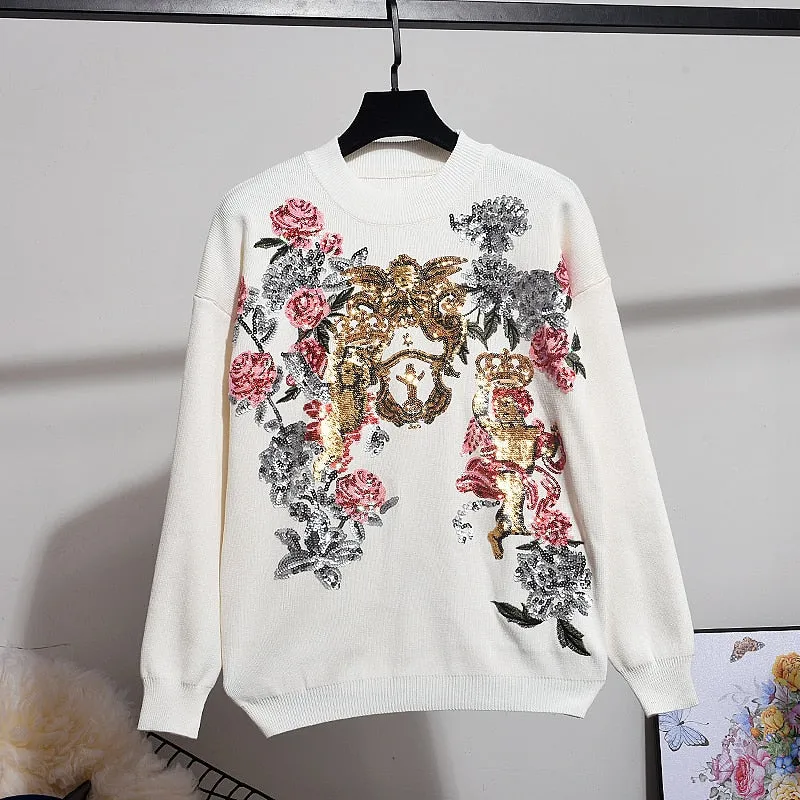 Floral Sequin Embroidery Sweater & Pants Set