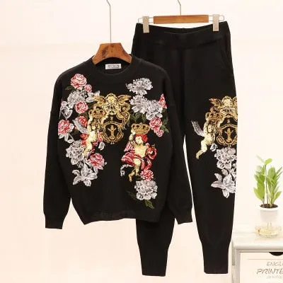 Floral Sequin Embroidery Sweater & Pants Set