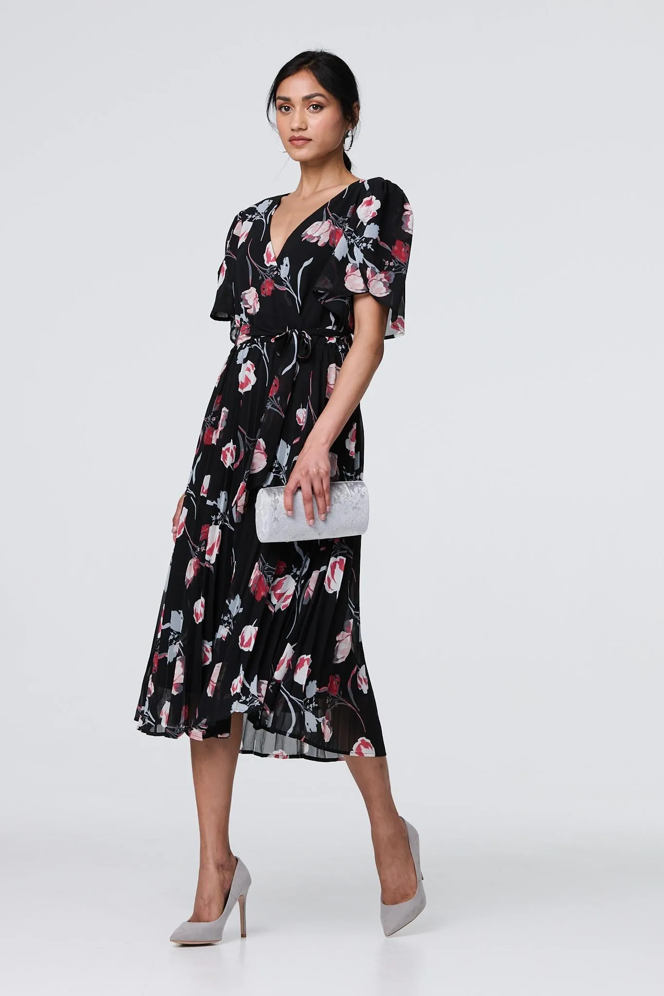 Floral Sheer 1/2 Sleeve Midi Wrap Dress