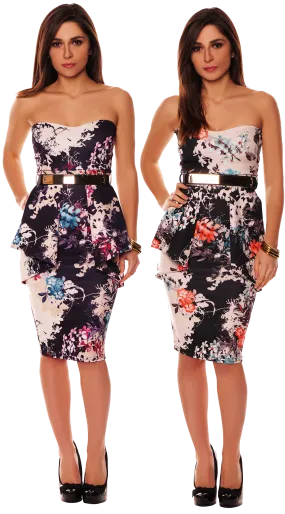 Front Pleat Frill Oriental Floral Strapless Dress with a Gold Belt Bandeau