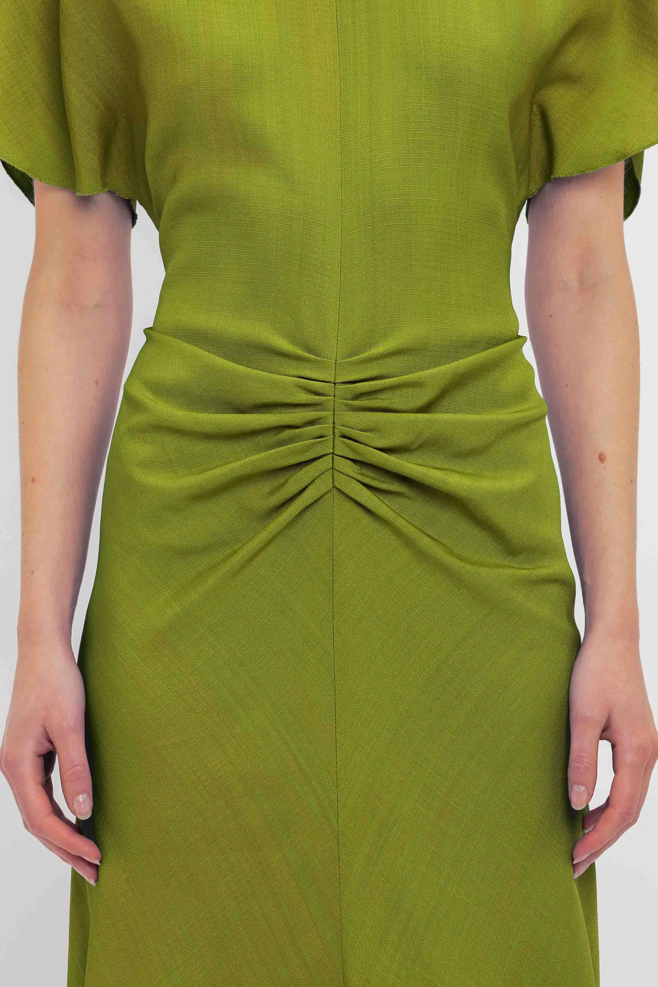 Gathered Waist Midi Dress In Parrot Green