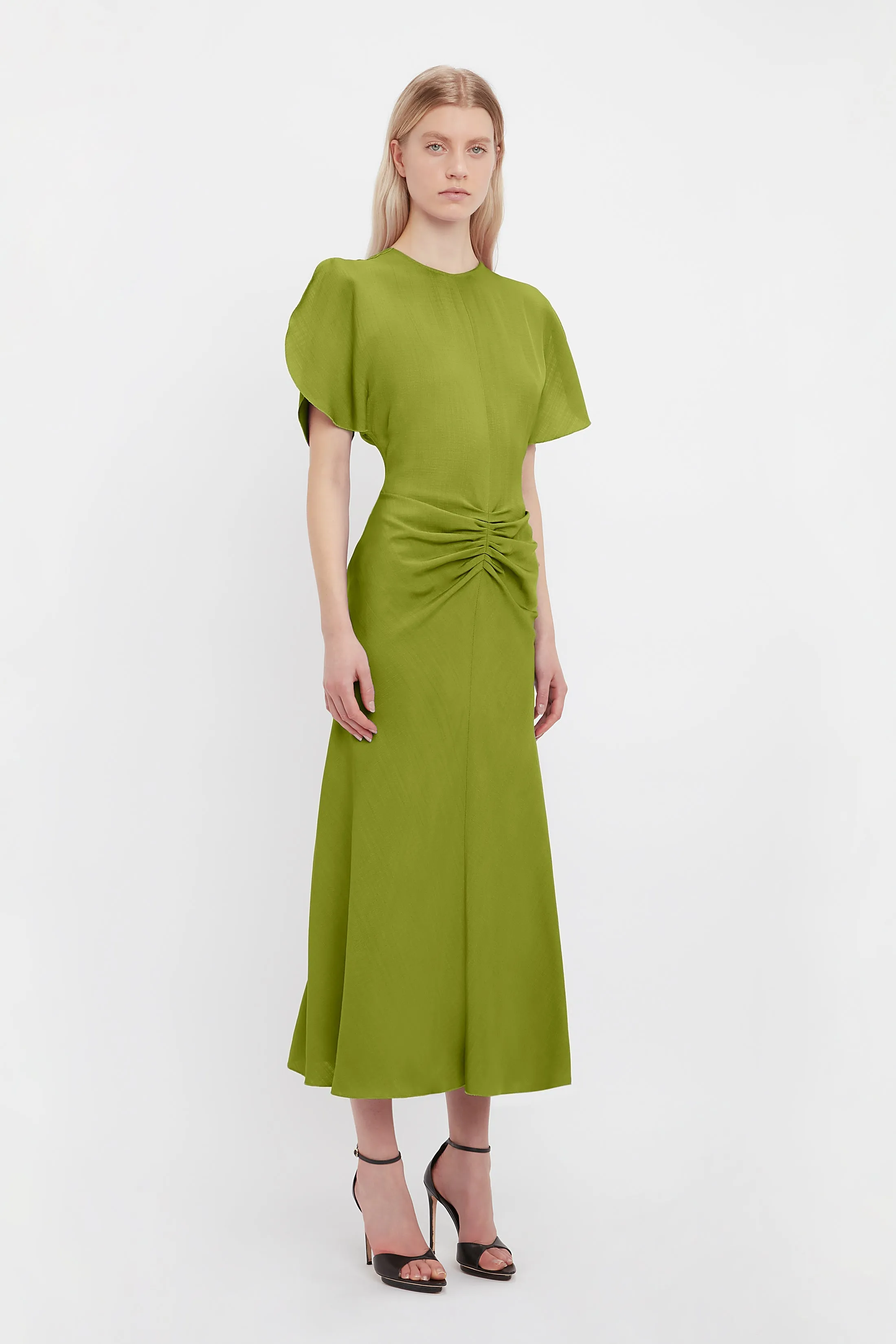 Gathered Waist Midi Dress In Parrot Green