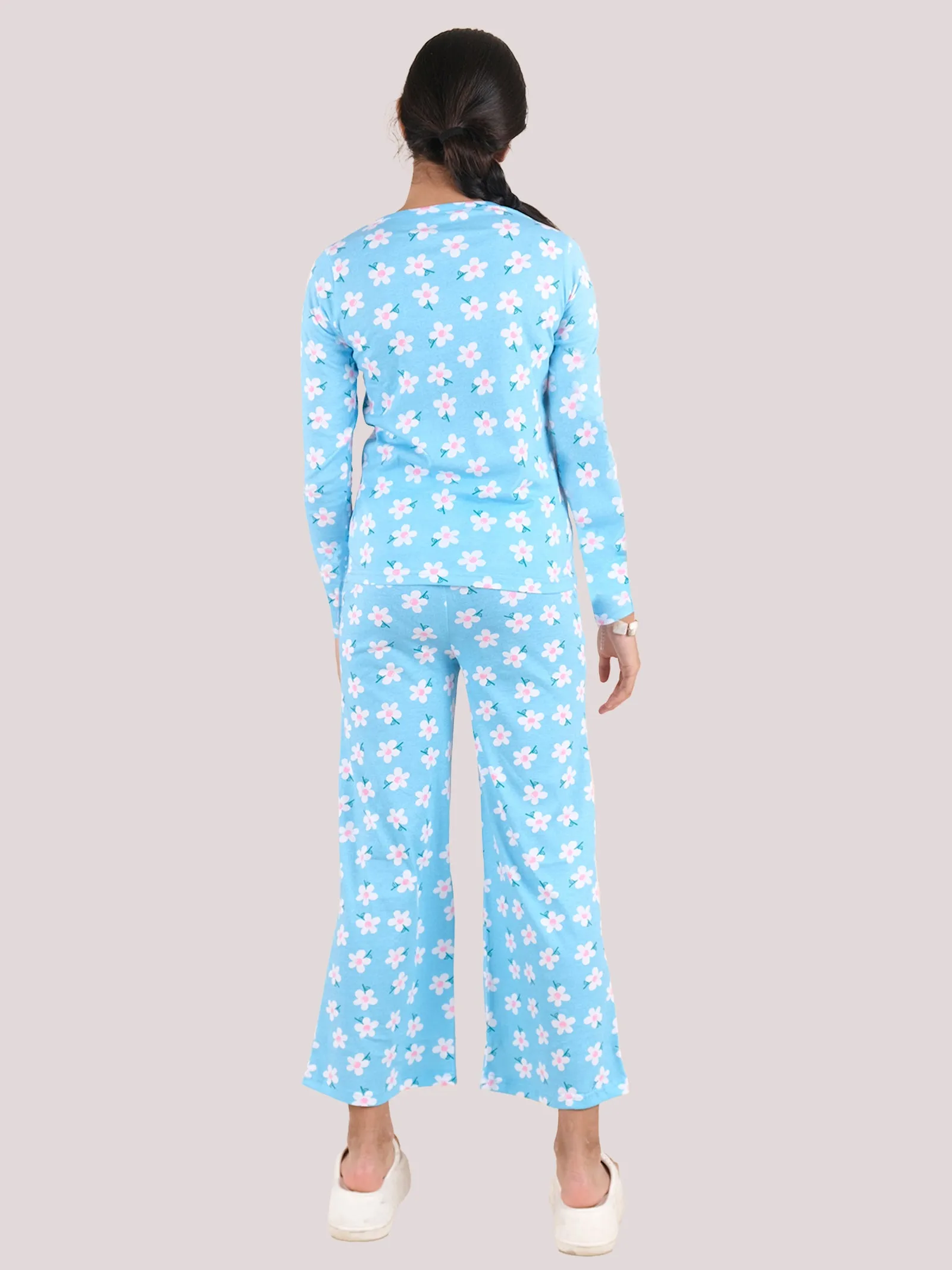 Girls Cotton Floral Printed Henley Neck Tee With Pajama Pant Night Set