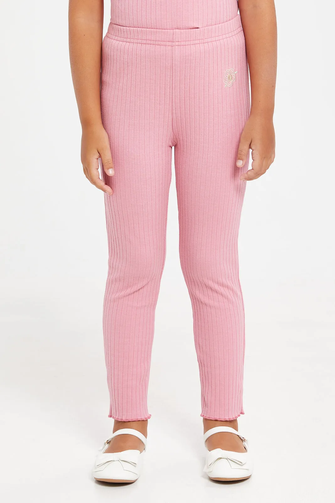 Girls Pink Ribbed Leggings