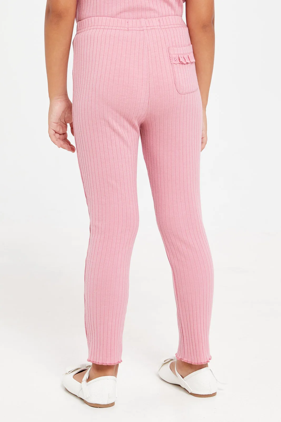 Girls Pink Ribbed Leggings