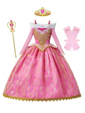 Girls Princess Set Sweet Long Sleeve Princess Dress Clothes For Birthday Christmas Halloween Gift