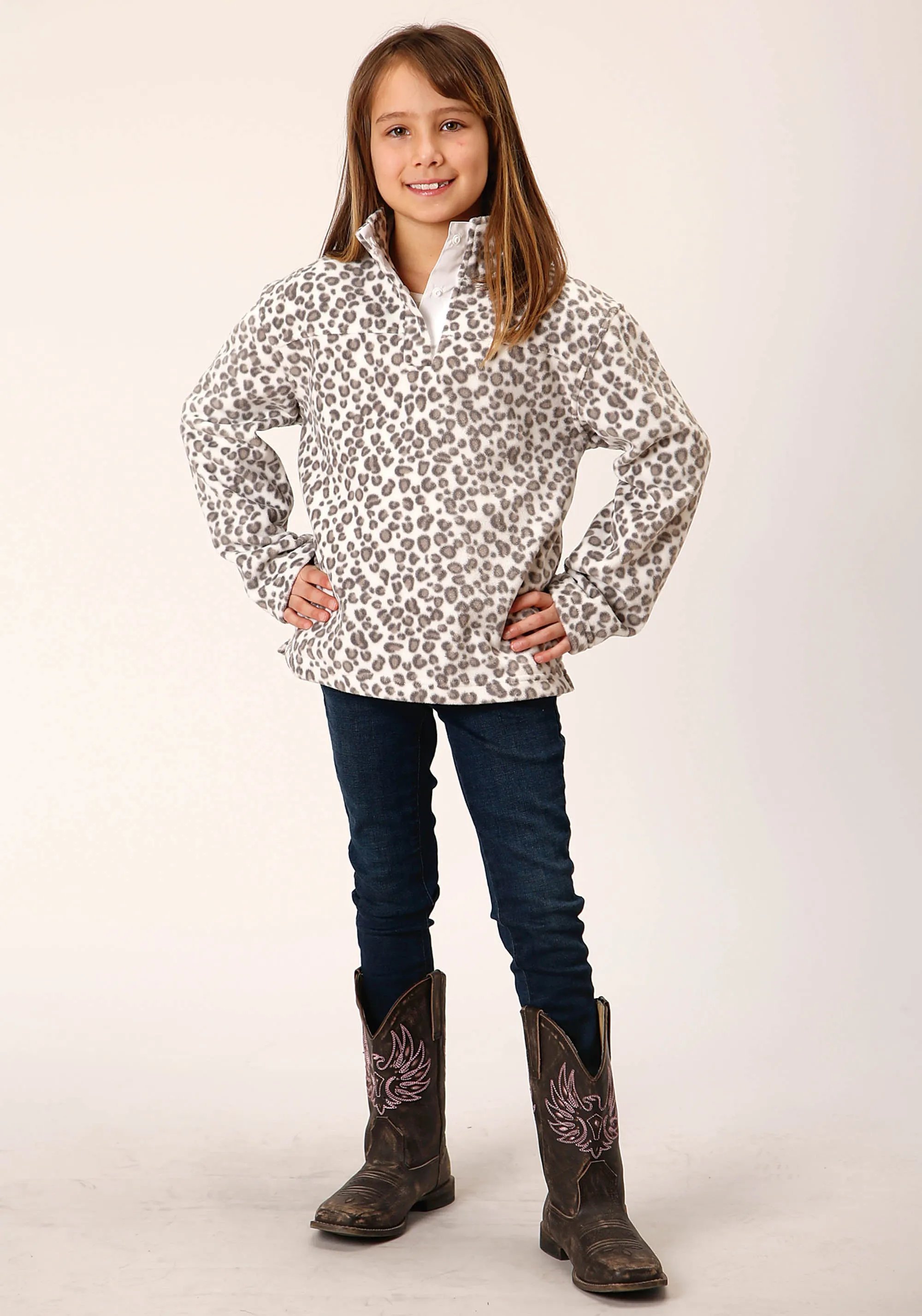 GIRLS WOMENS  SNOW LEOPARD PRINT POLAR FLEECE PULLOVER