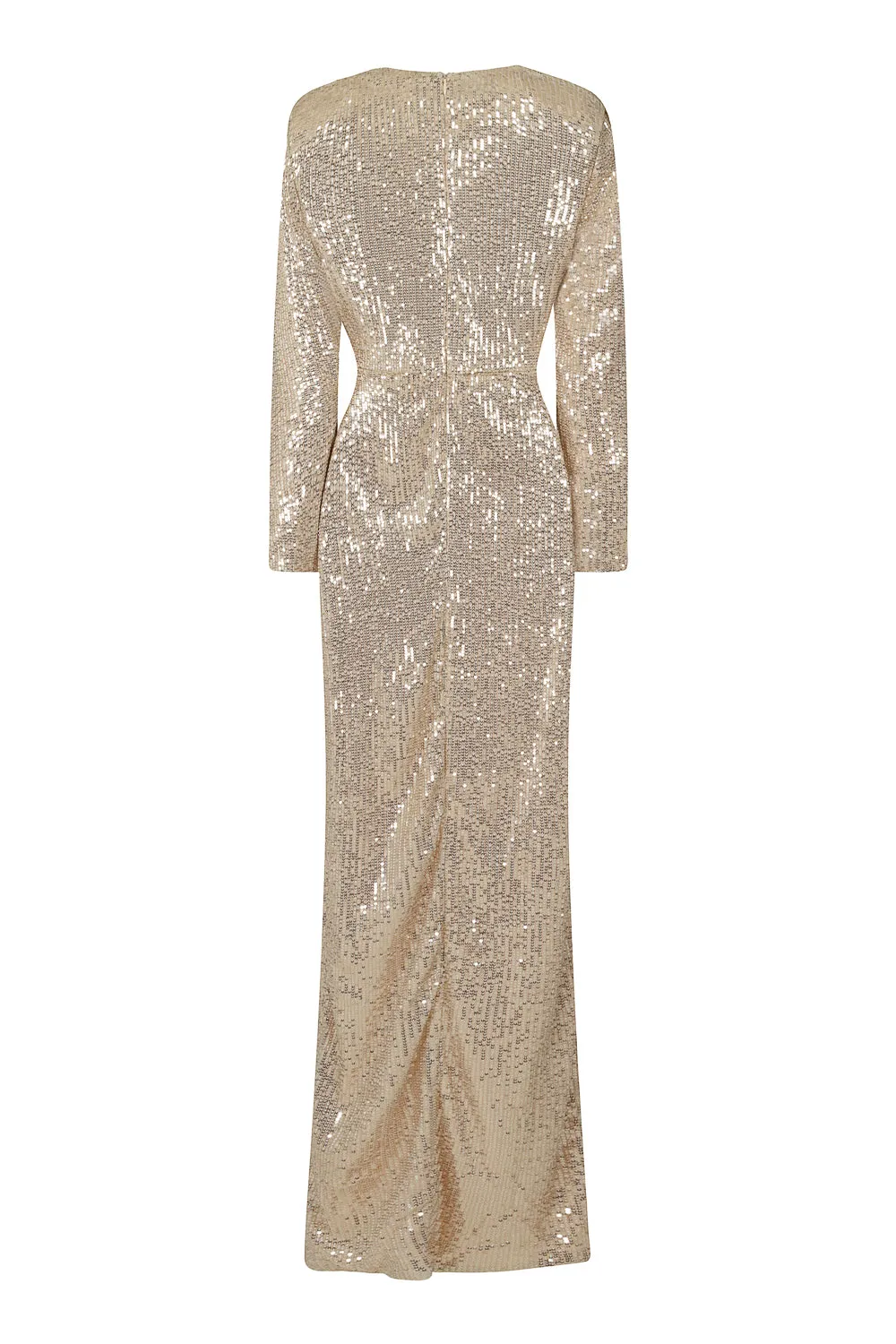 Gleaming Goddess Champagne Gold Sequin Plunge Wrap Slit Maxi Dress