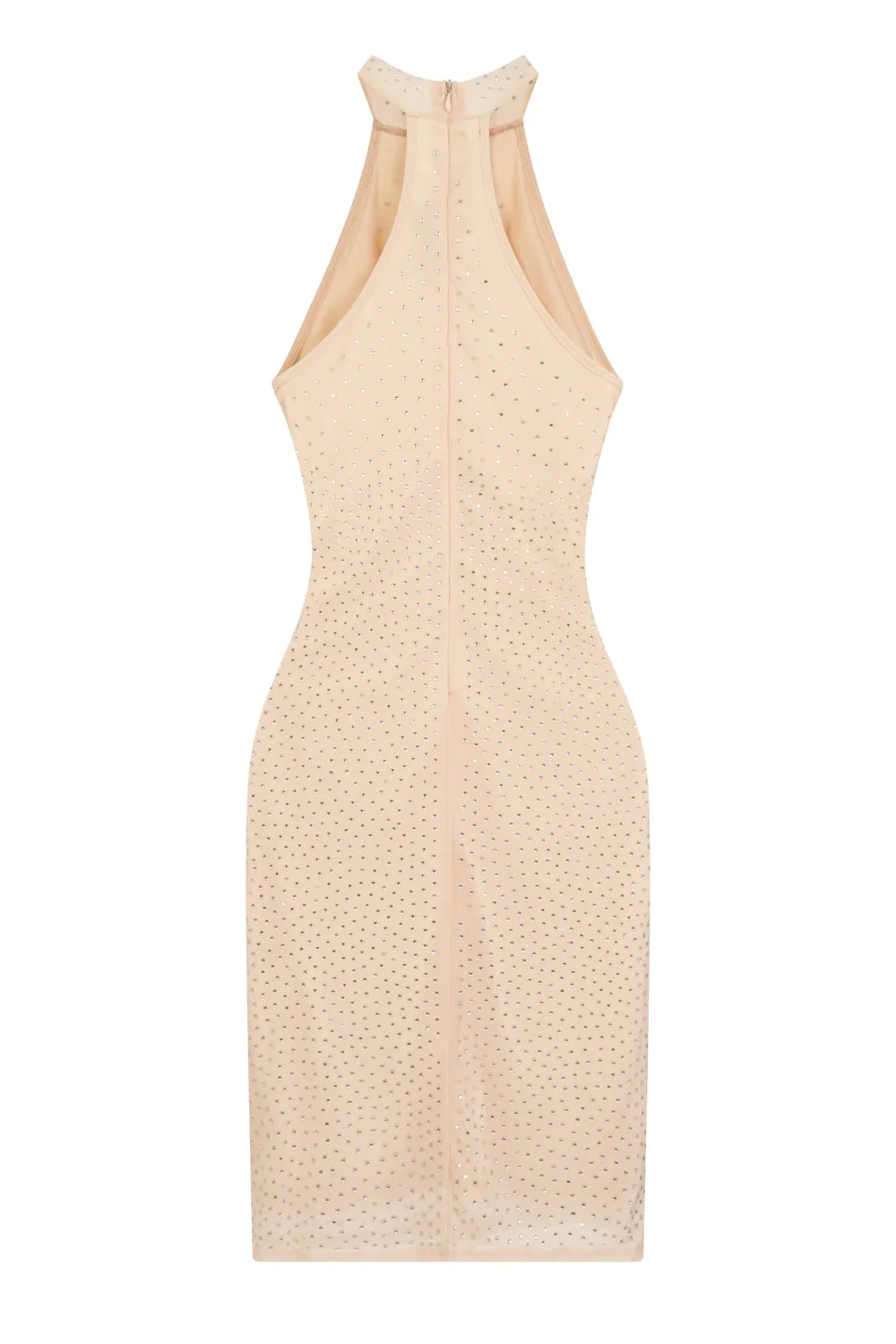 Glow Up Luxe Nude Rhinestone Bling High Neck Bodycon Mesh Dress