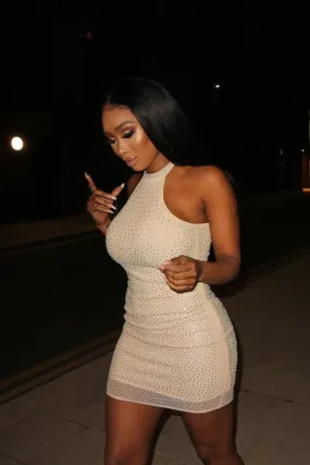 Glow Up Luxe Nude Rhinestone Bling High Neck Bodycon Mesh Dress