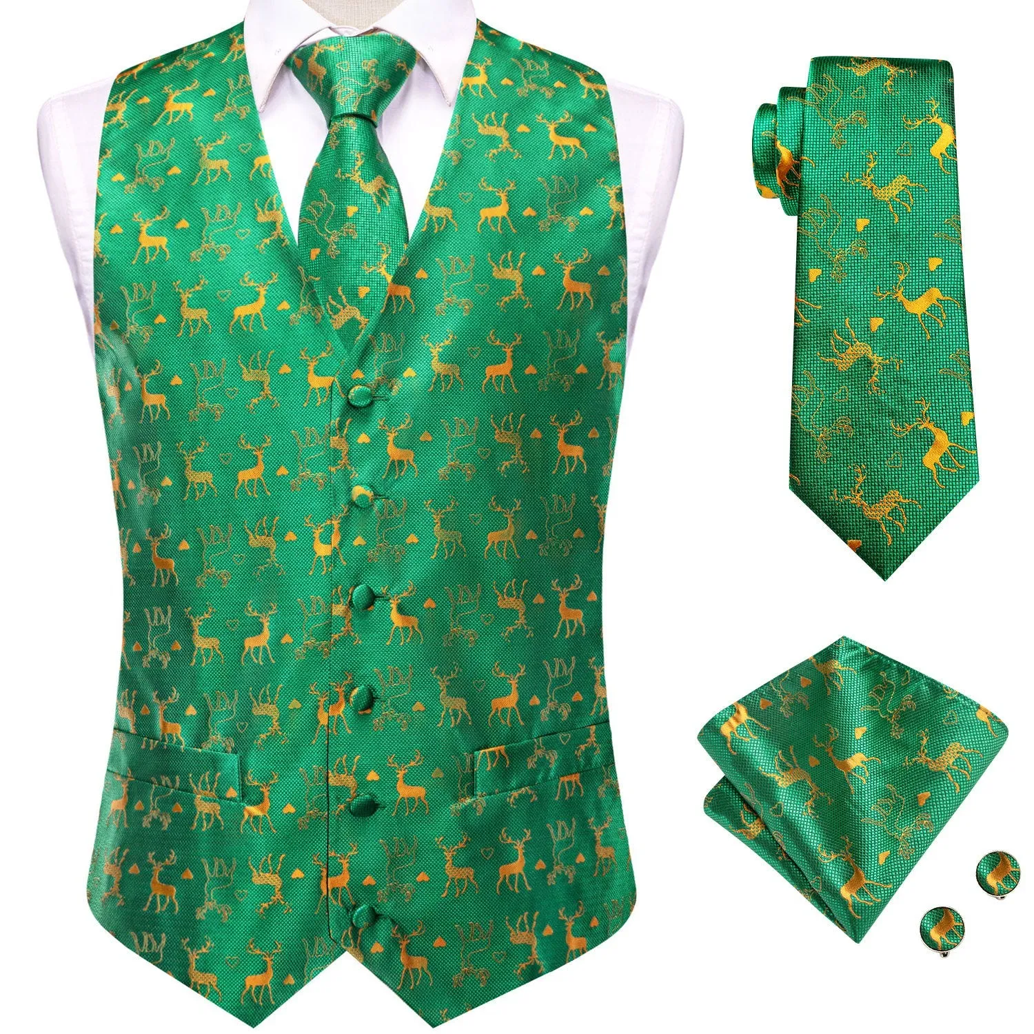 Green Christmas Golden Deer Novelty Jacquard Silk Men's Vest Hanky Cufflinks Tie Set