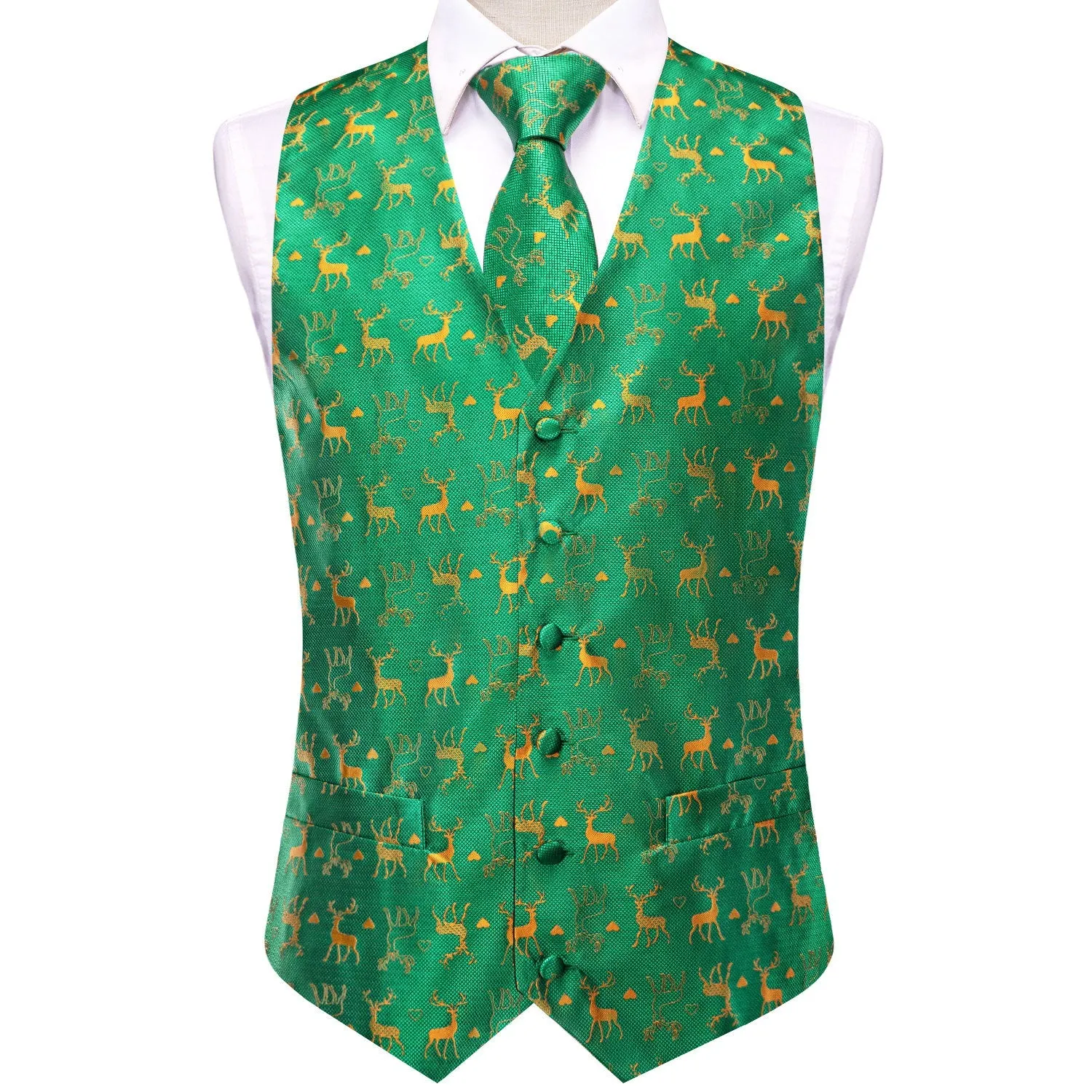 Green Christmas Golden Deer Novelty Jacquard Silk Men's Vest Hanky Cufflinks Tie Set