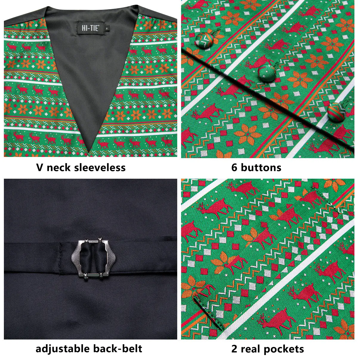 Green Orange Christmas Red Deer Novelty Jacquard Silk Men's Vest Hanky Cufflinks Tie Set