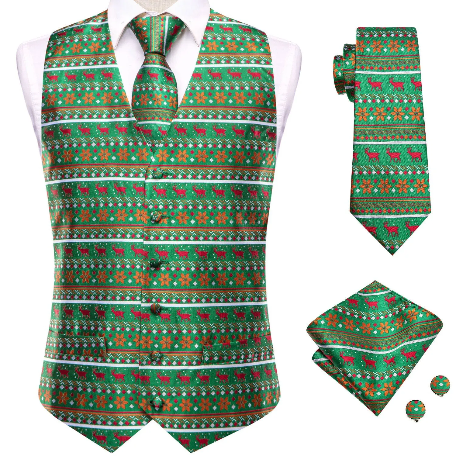 Green Orange Christmas Red Deer Novelty Jacquard Silk Men's Vest Hanky Cufflinks Tie Set