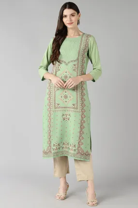 Green Poly Crepe Ethnic Motifs Straight Kurta