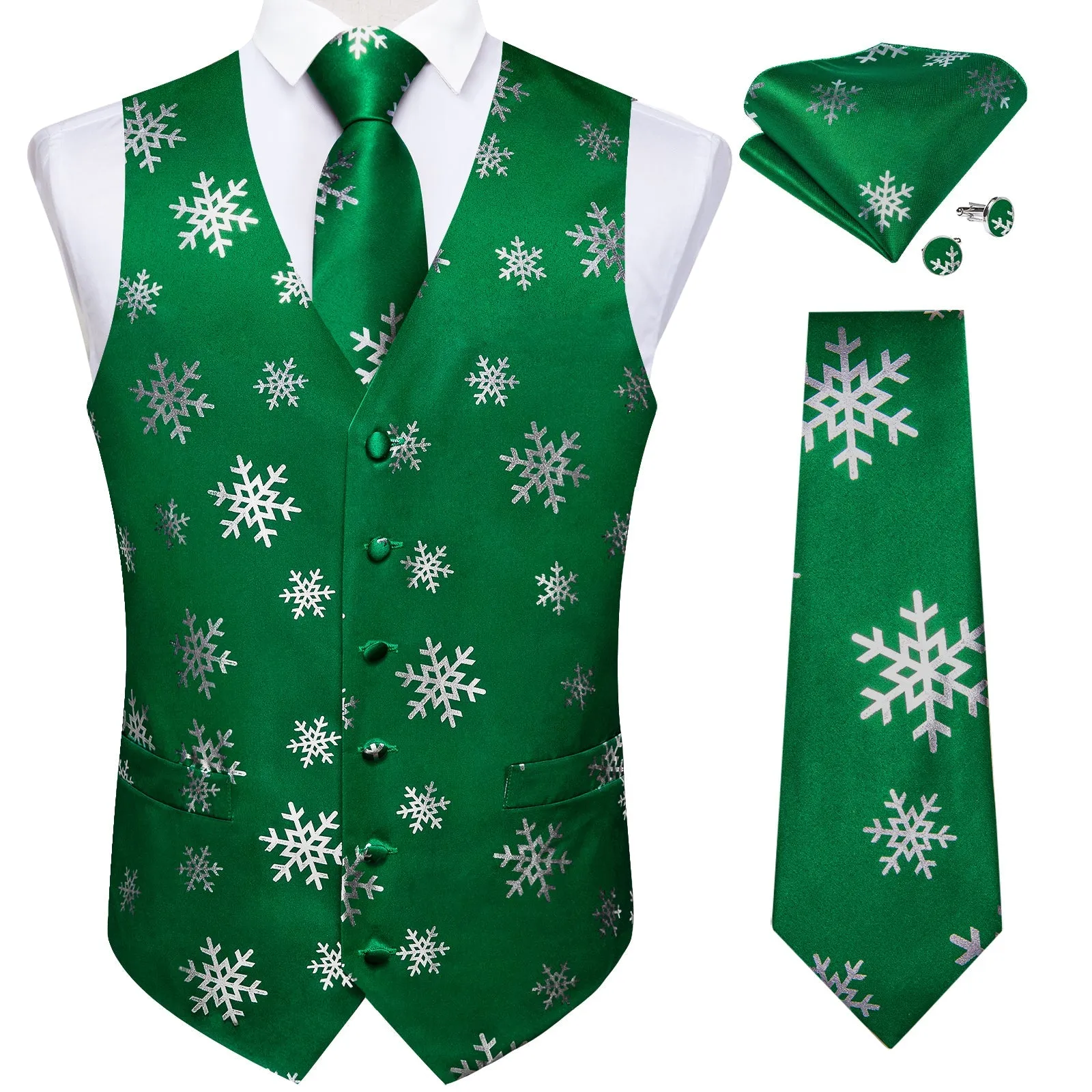 Green Sliver Christmas Snowflake Novelty Men's Vest Tie Hanky Cufflinks Set Waistcoat Suit Set