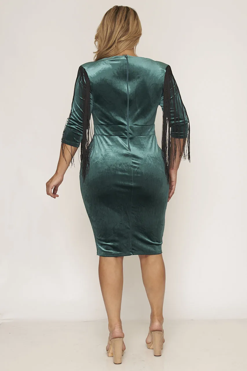 Green Velvet Plus Size Bodycon Dress with Fringe