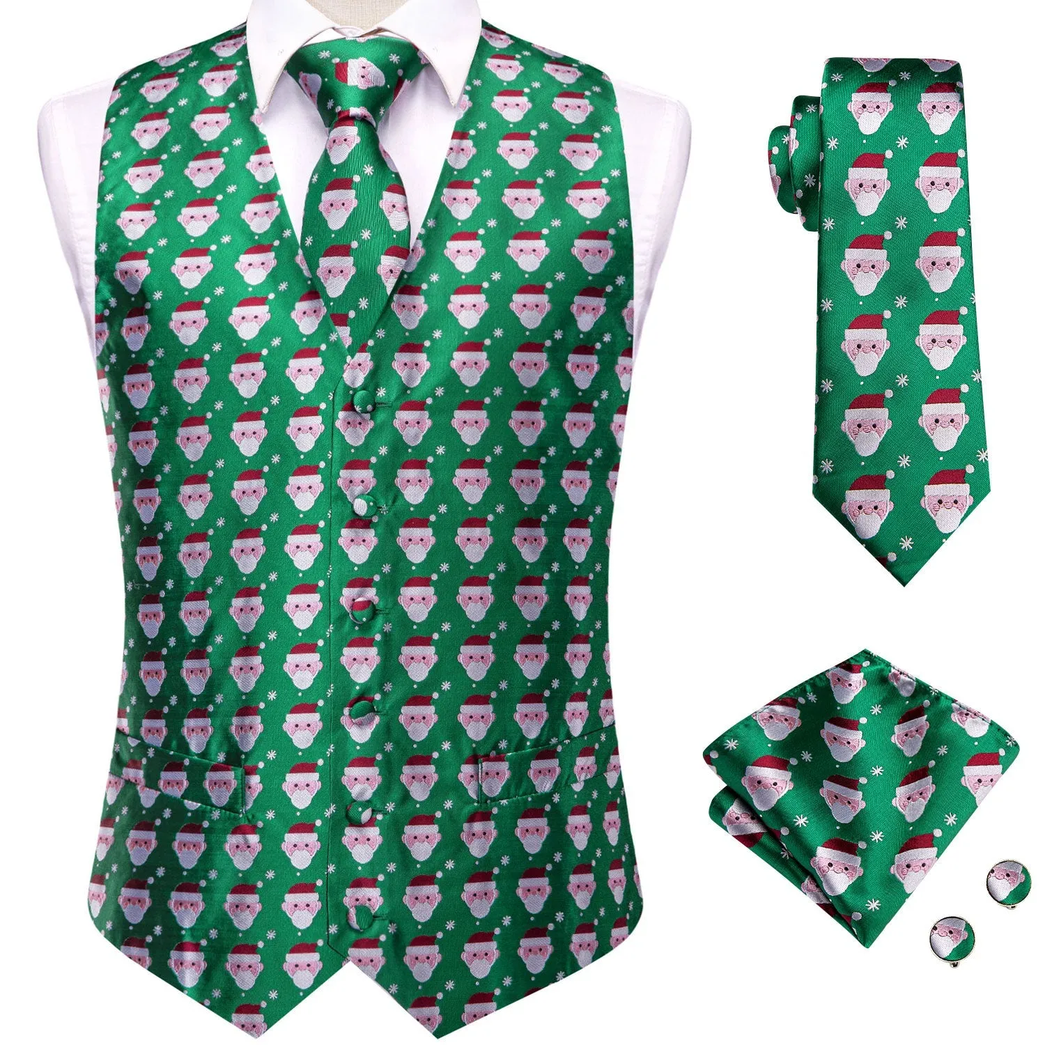 Green White Christmas Santa Claus Novelty Jacquard Silk Men's Vest Hanky Cufflinks Tie Set