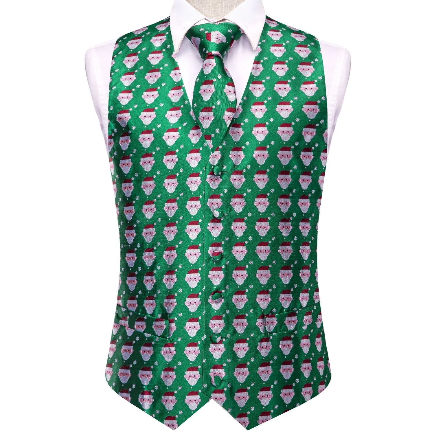 Green White Christmas Santa Claus Novelty Jacquard Silk Men's Vest Hanky Cufflinks Tie Set