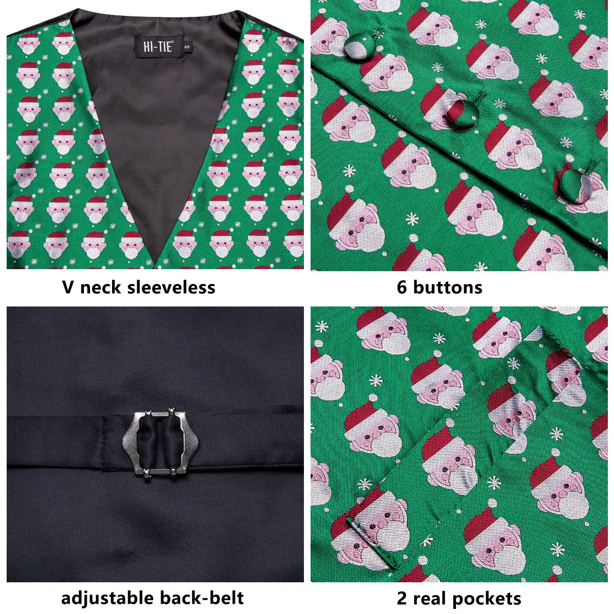 Green White Christmas Santa Claus Novelty Jacquard Silk Men's Vest Hanky Cufflinks Tie Set