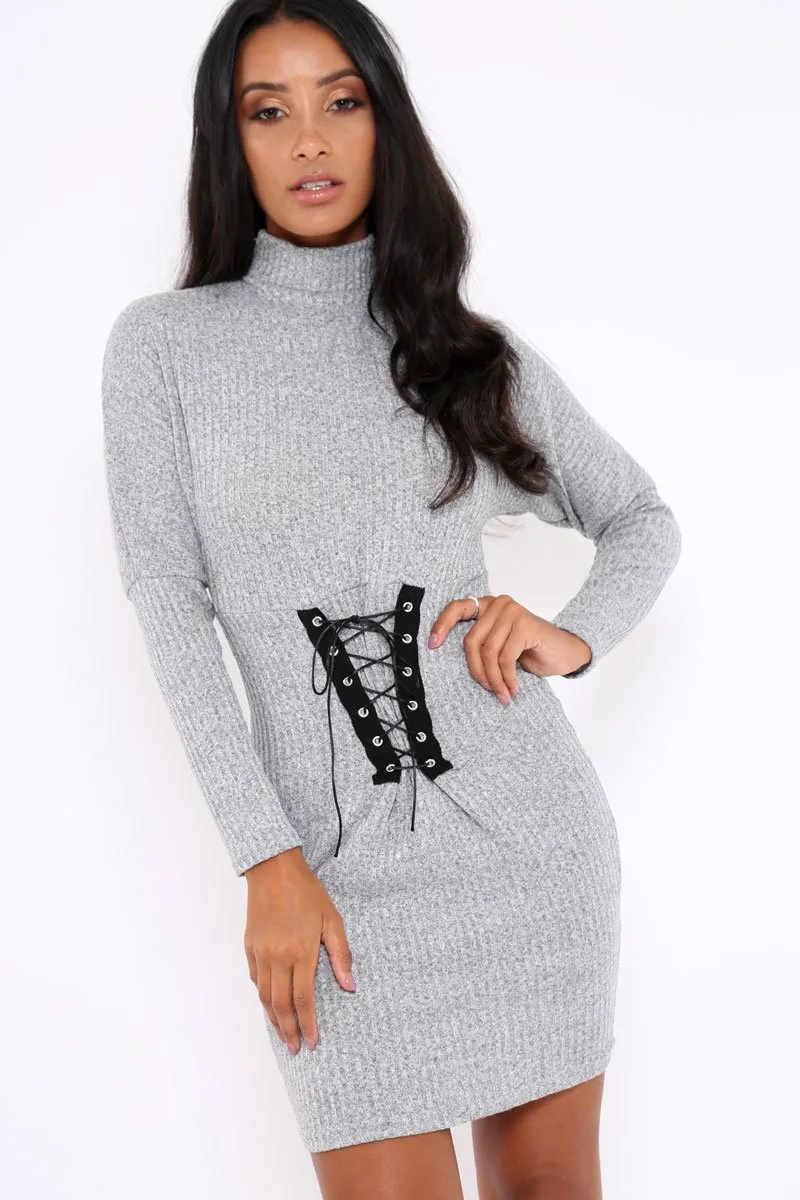 Grey High Neck Corset Front Ribbed Jumper Dress - Miah