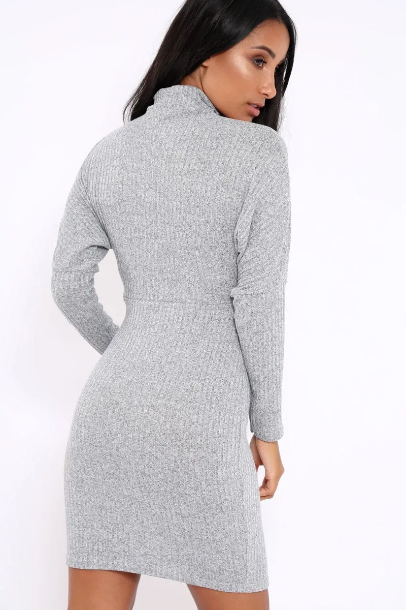 Grey High Neck Corset Front Ribbed Jumper Dress - Miah