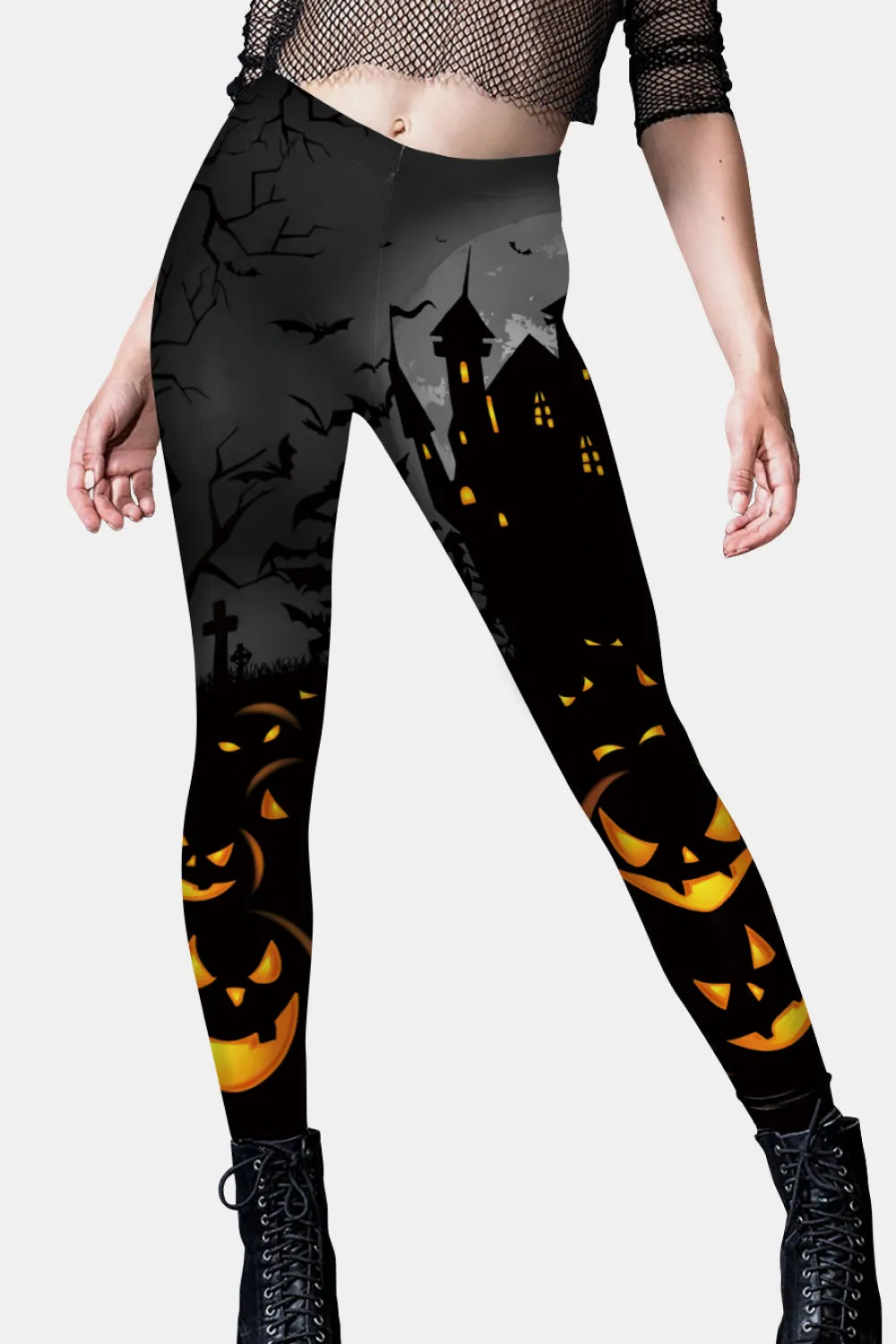 Halloween Elastic Waistband Leggings in Orange/Black