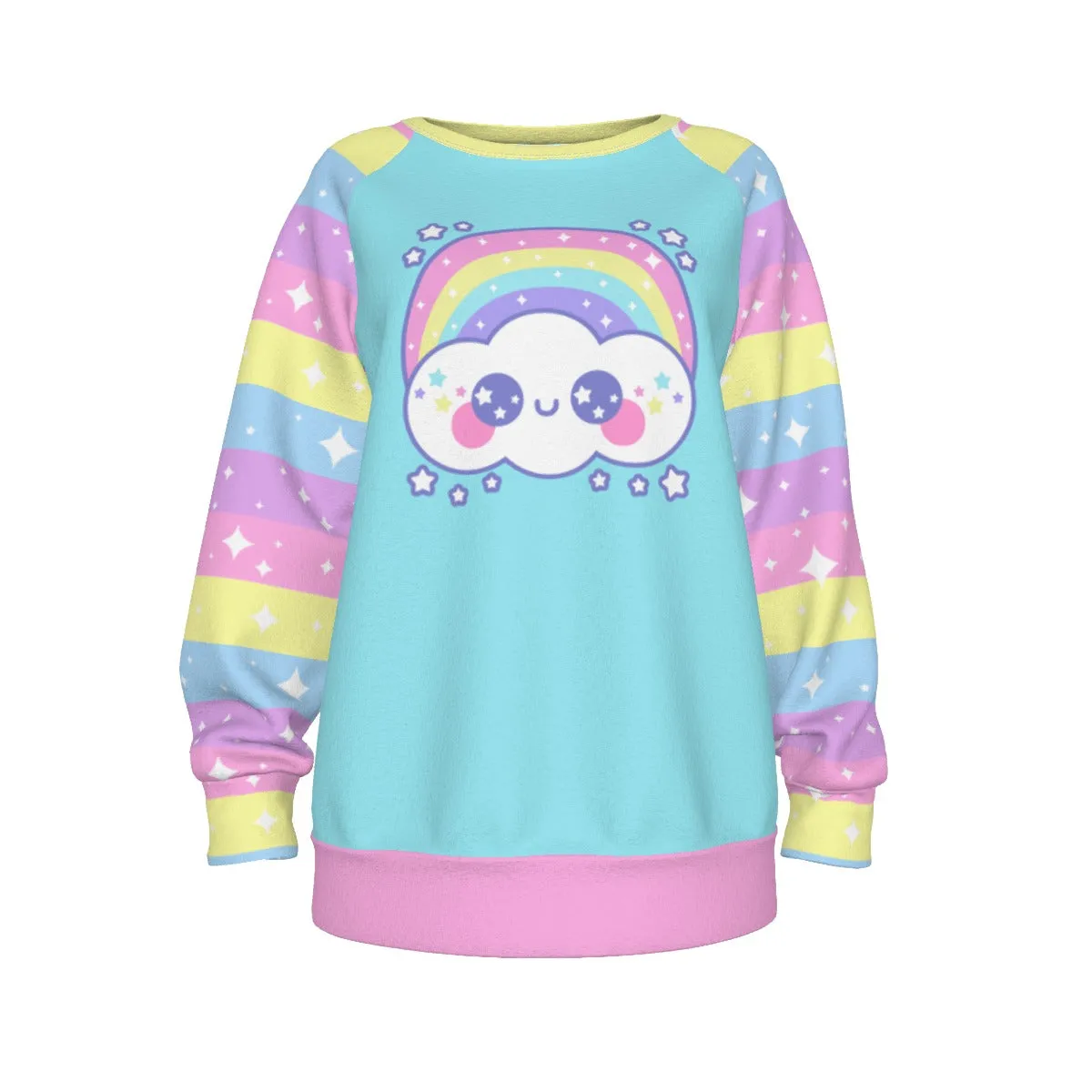 Happy Rainbow Cloud Blue Women's Raglan Sleeve Sweatshirt