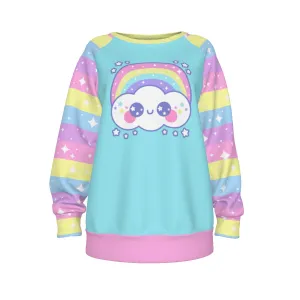 Happy Rainbow Cloud Blue Women's Raglan Sleeve Sweatshirt