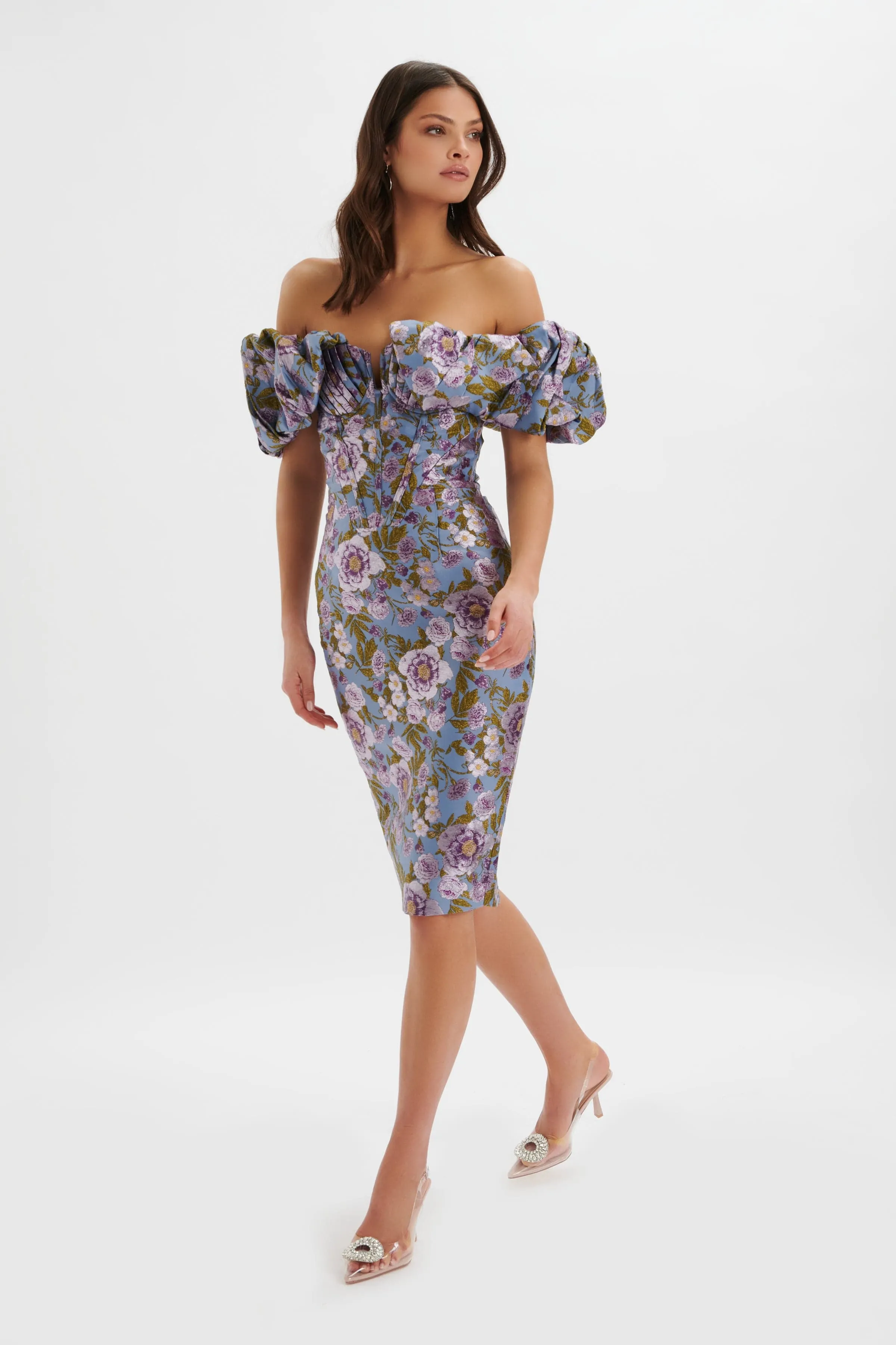 HARLOW Jacquard Corset Puff Sleeve Midi Dress In Blue Purple