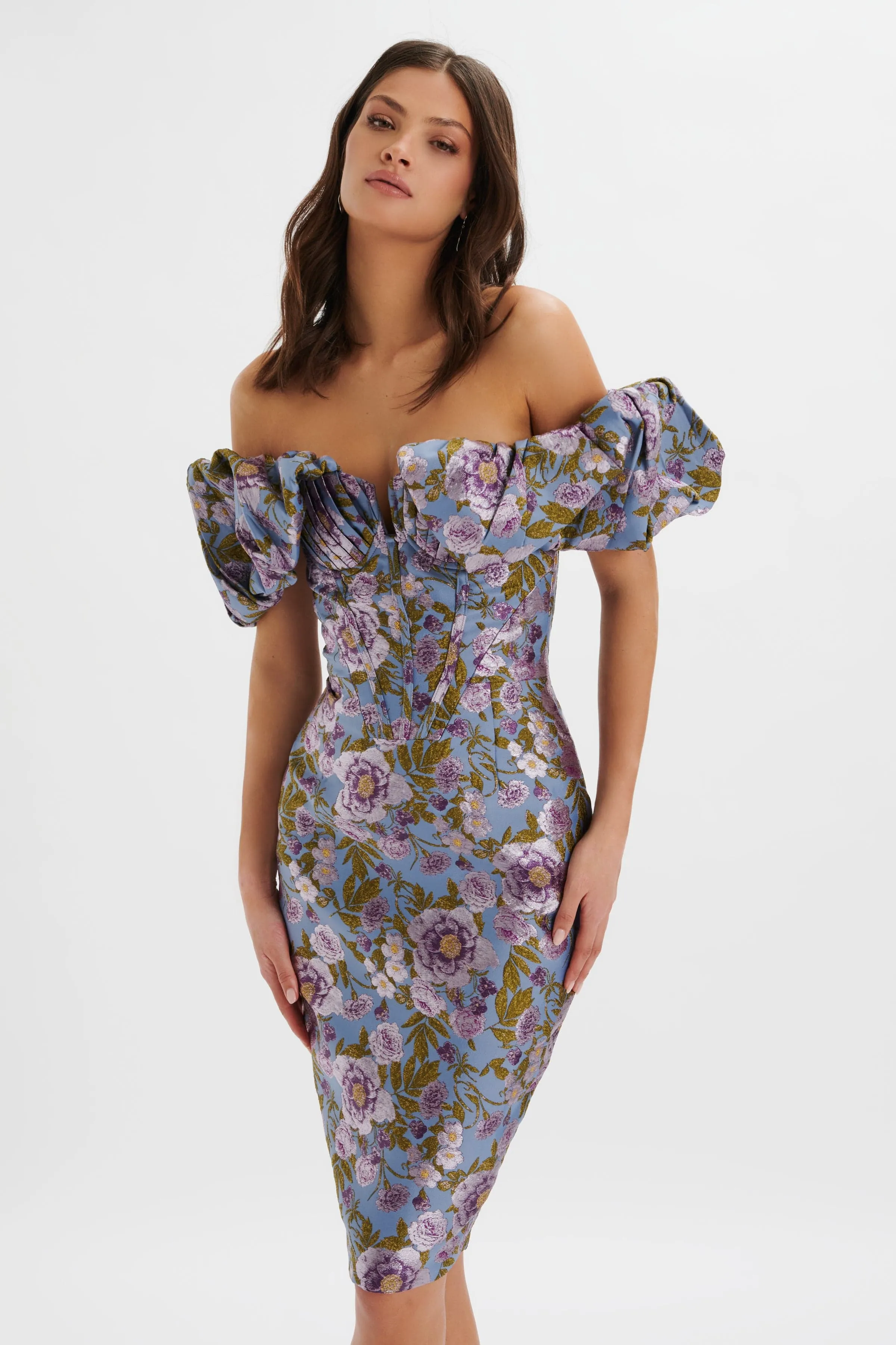 HARLOW Jacquard Corset Puff Sleeve Midi Dress In Blue Purple