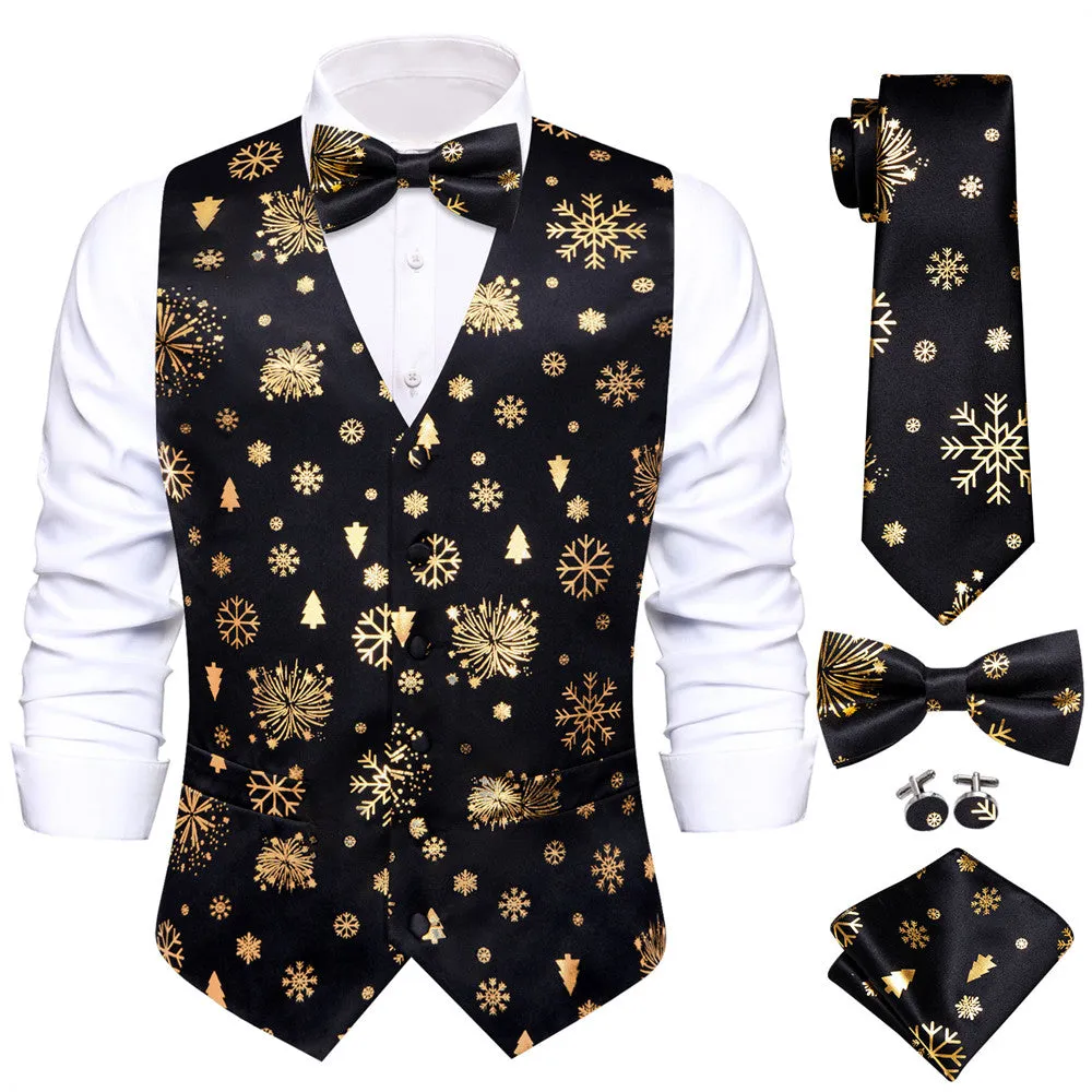 Hi-Tie Black Gold Christmas Snow Elements Vest Necktie Bowtie Set