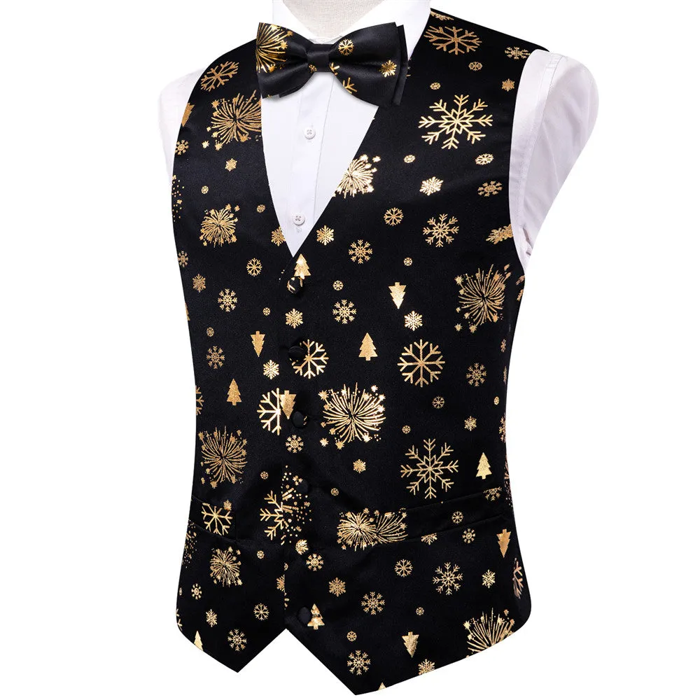 Hi-Tie Black Gold Christmas Snow Elements Vest Necktie Bowtie Set