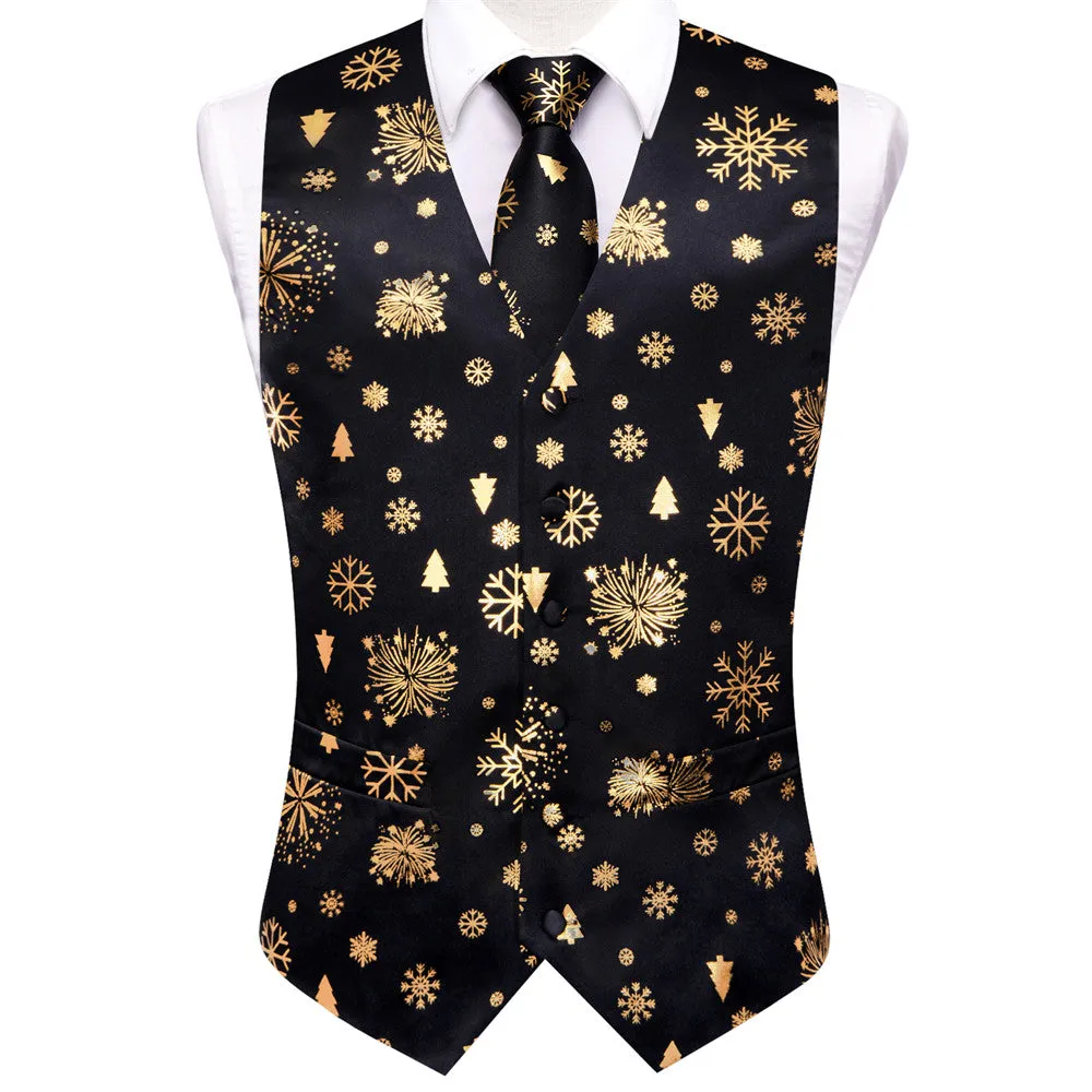 Hi-Tie Black Gold Christmas Snow Elements Vest Necktie Bowtie Set