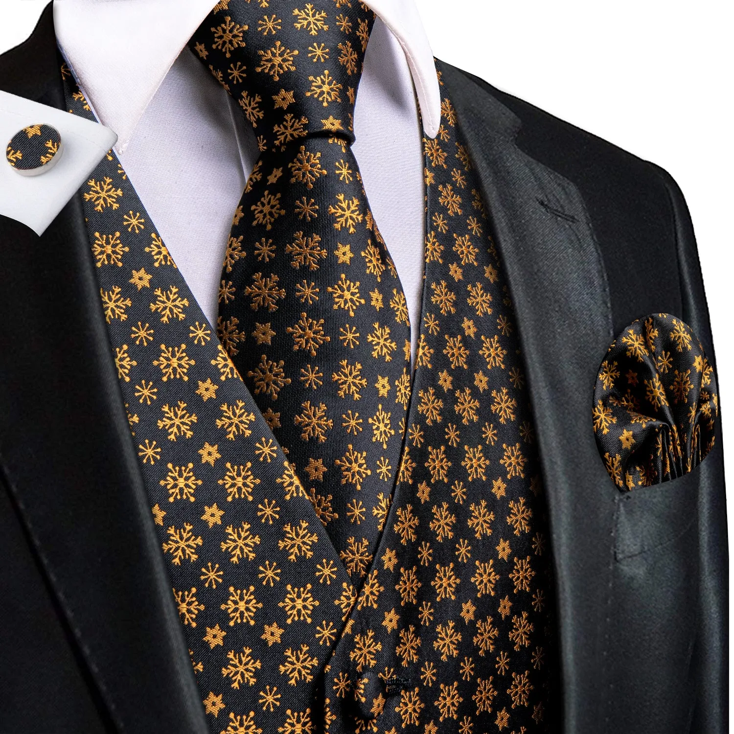 Hi-Tie Black Gold Christmas Snowflakes Vest Hanky Cufflinks Tie Set